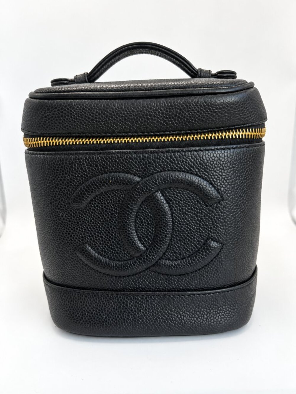 Authentic CHANEL Vintage Timeless Tall Vanity Case Black Caviar Leather CC
